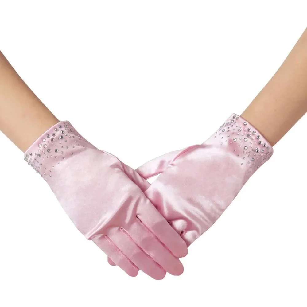 Women's Pink Sparkly Glitter Rhinestone Stretchy Satin Wrist Length Gloves